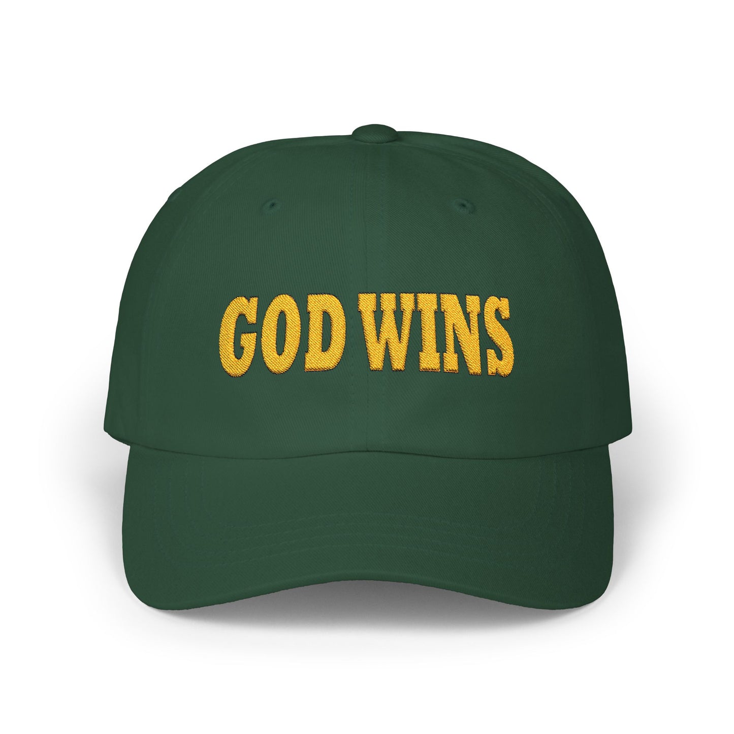 GOD WINS Embroidered Outlined Gold on Classic Cap