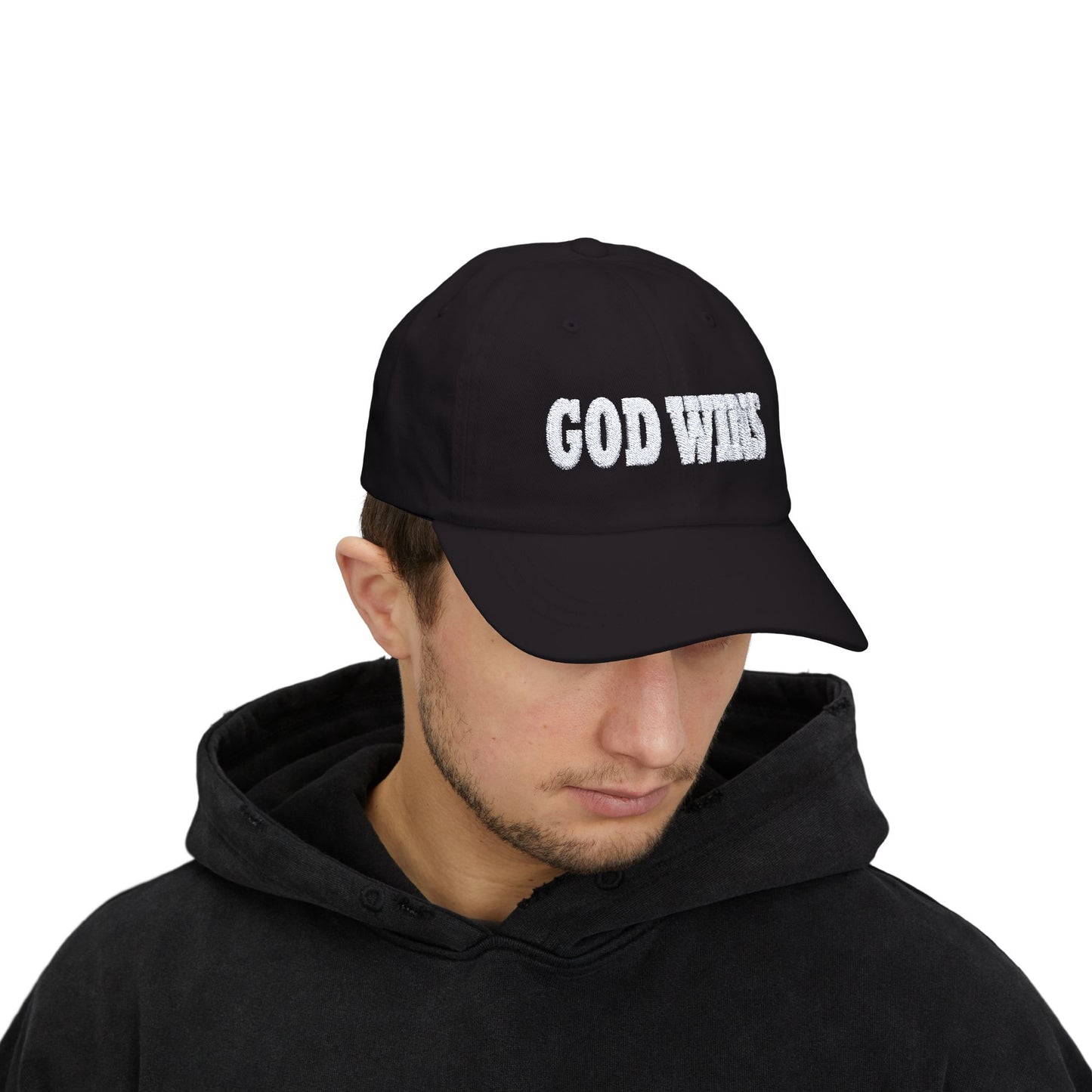 GOD WINS Embroidered White on Dark Classic Cap