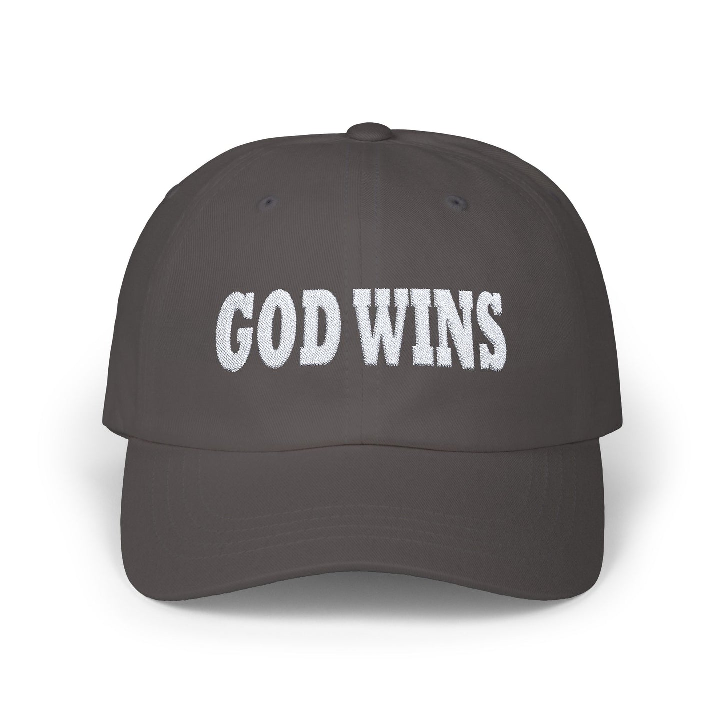 GOD WINS Embroidered White on Dark Classic Cap