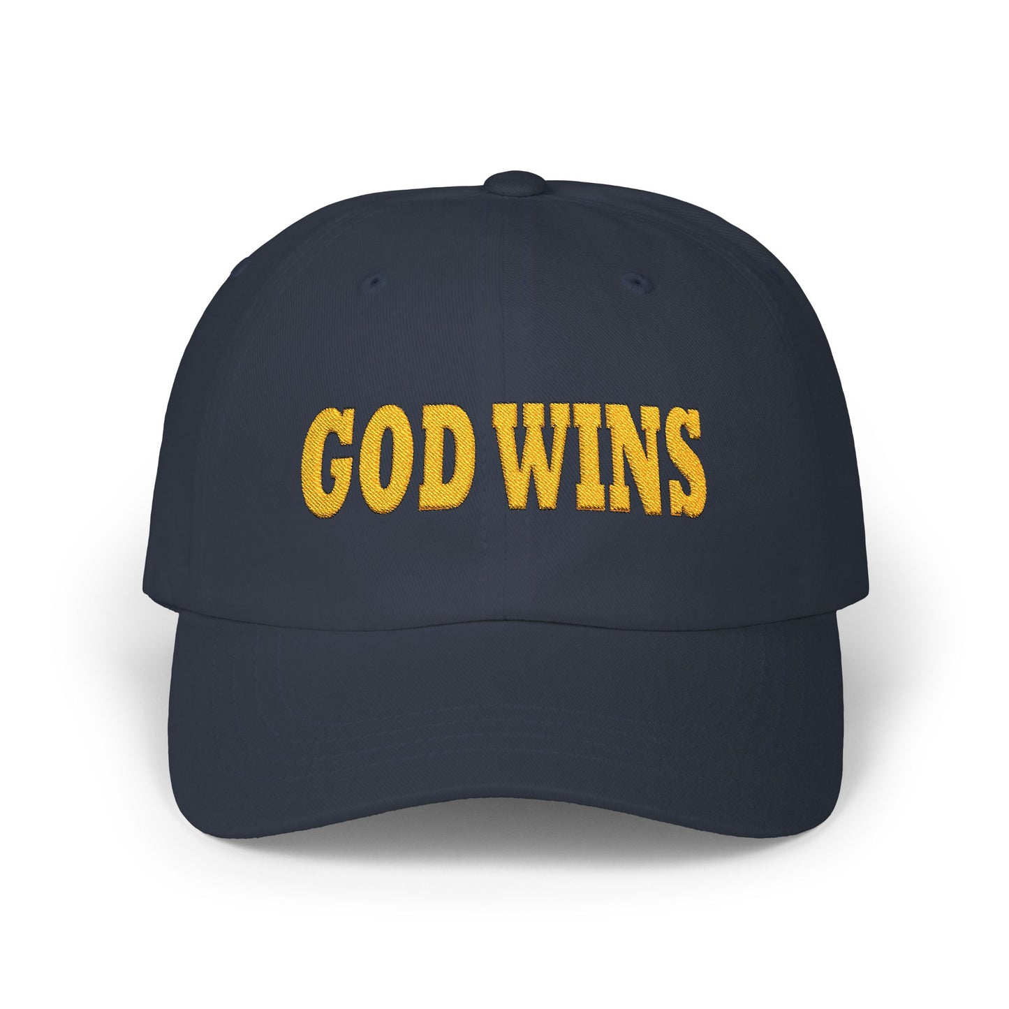 GOD WINS Embroidered Outlined Gold on Classic Cap