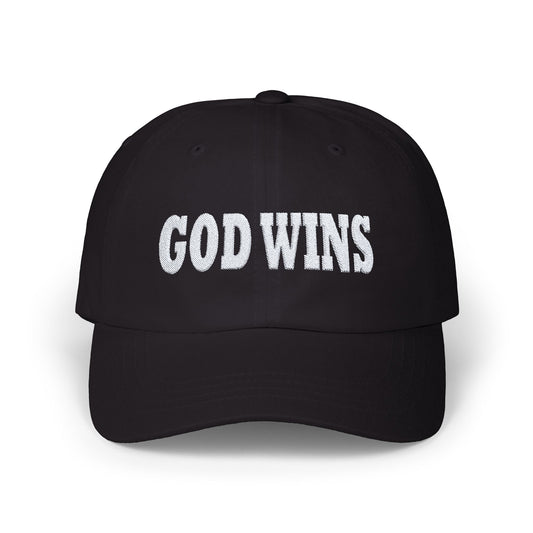 GOD WINS Embroidered White on Dark Classic Cap