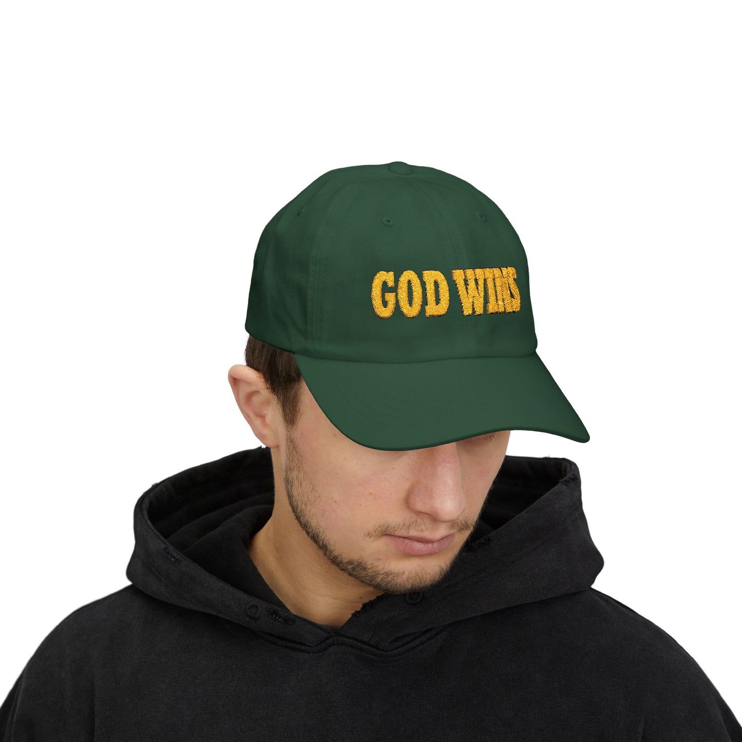 GOD WINS Embroidered Outlined Gold on Classic Cap